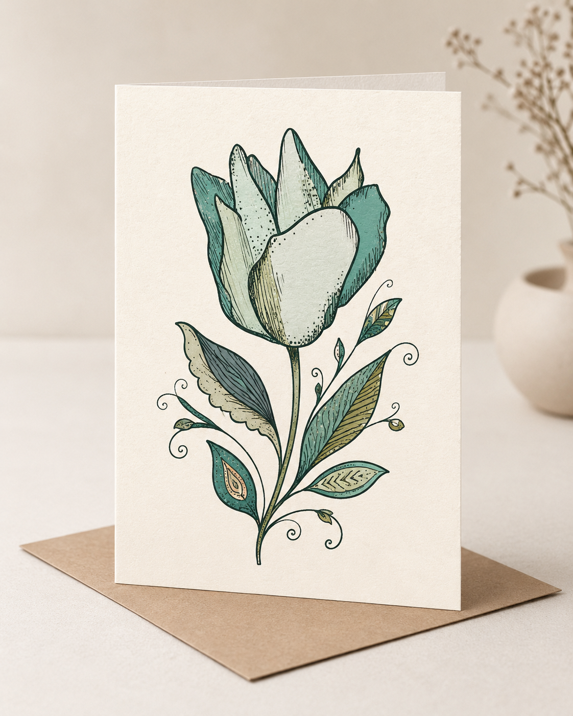 Boho Teal Tulip Greeting Card